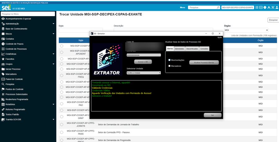 Janela do aplicativo Extrator SEI sobre a tela de unidades do SEI, com os botões de coleta de movimentações e de marcadores; os campos de login e senha estão borrados.