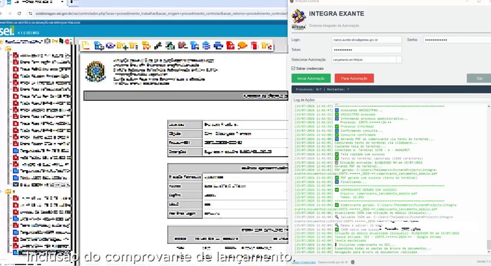 Janela do INTEGRA Exante sobreposta à tela do SEI, com a árvore de documentos do processo à esquerda e o log da automação; os números de processo aparecem pixelizados.